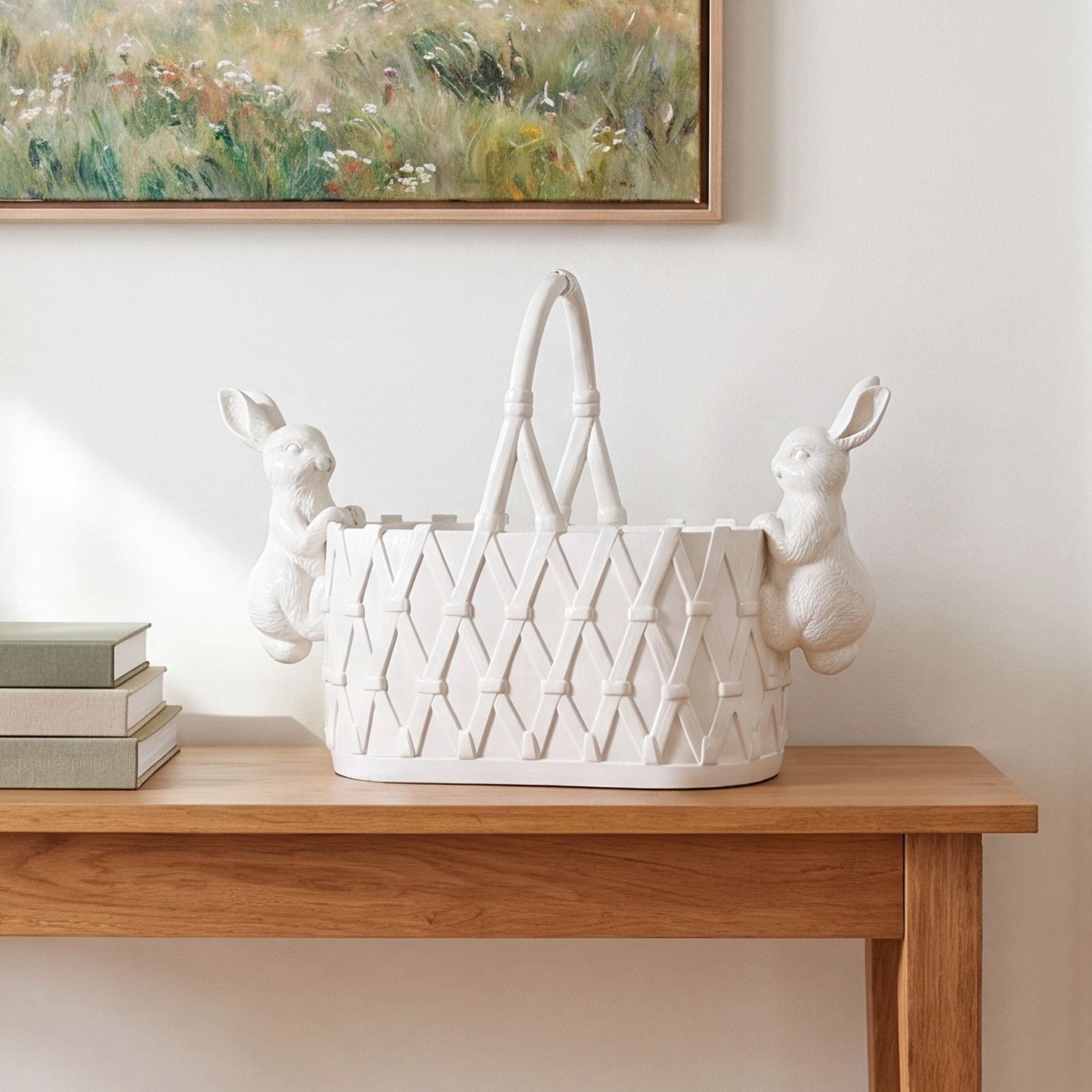 Resin Basket Planter with Bunnies Accent