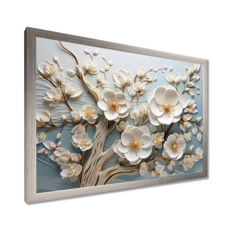 Orchidée blanche jardin de branches 9 - Art mural floral abstrait, H 24 po x l 32 po x P 1 po, Cadre de coin fermé argenté