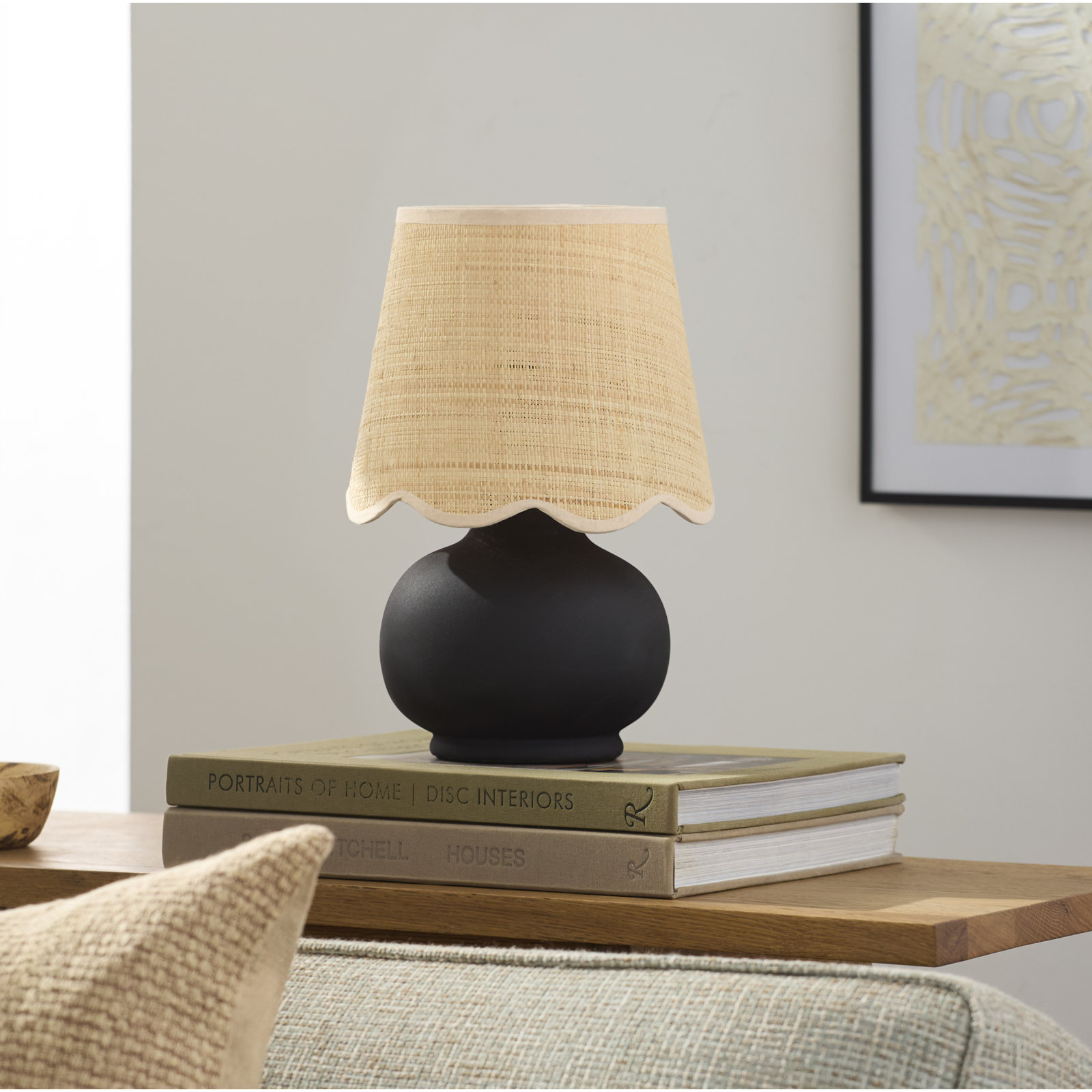 Momsen Scallop Ceramic Table Lamp, Black, Natural, 13"H x 8"W x 8"D