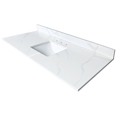 Plateau de meuble-lavabo en quartz 61 po, lavabo central encastré à simple cuve de 3/4 po d'épaisseur, dosseret de 4 po de hauteur, 3 trous de robinet pré-percés, résistant aux taches et à la chaleur, quartz blanc de Carrare avec veines