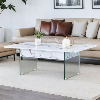 Table basse multifonctionnelle à plateau relevable - Motif marbré, indispensable pour les maisons modernes. Pieds en verre trempé