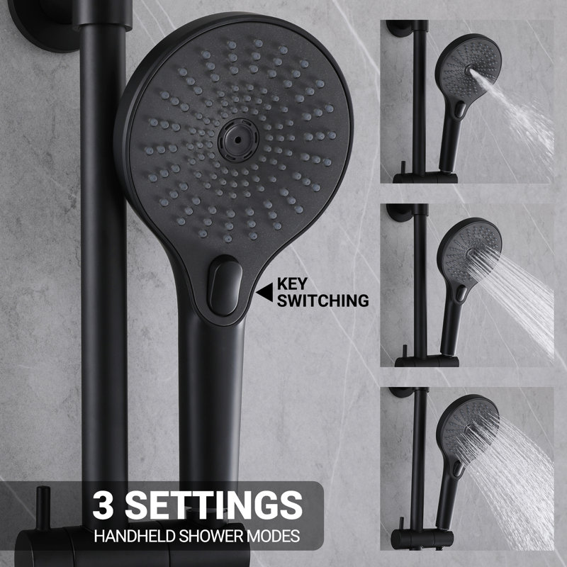 Ensemble de douche combinée ronde en laiton massif 10 "avec valve équilibrée pressée Cascade, Noir mat avec valve brute