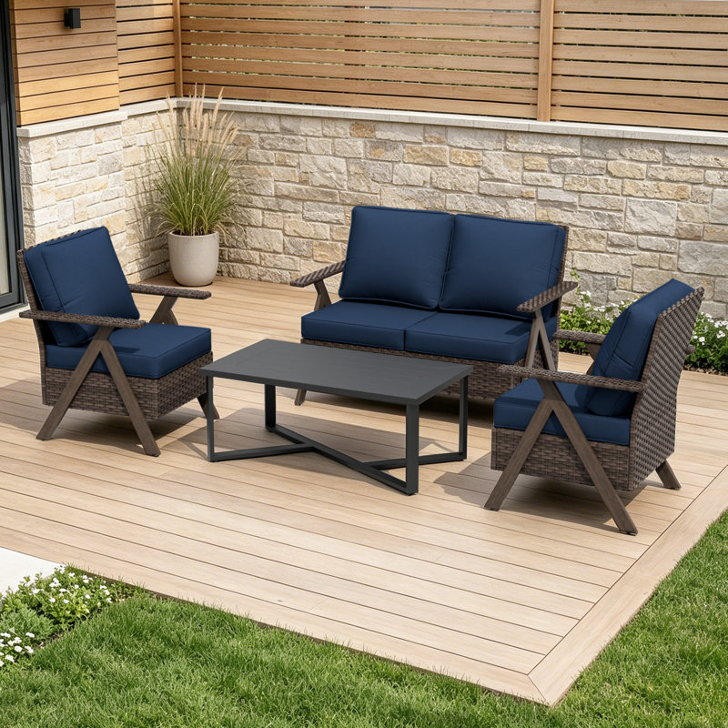 Ensemble de conversation avec ensemble de conversation 4 pièces en osier avec table basse et coussins, Blue