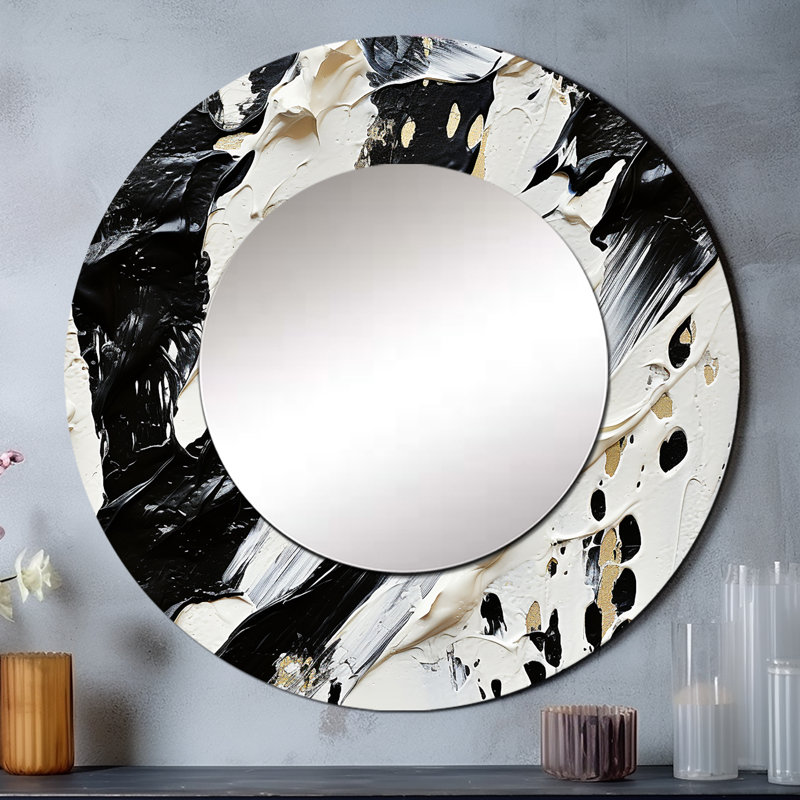 «Black and White Paint Stroke Fight», miroir de formes abstraites, miroir mural rond blanc unique, impression d'art en métal