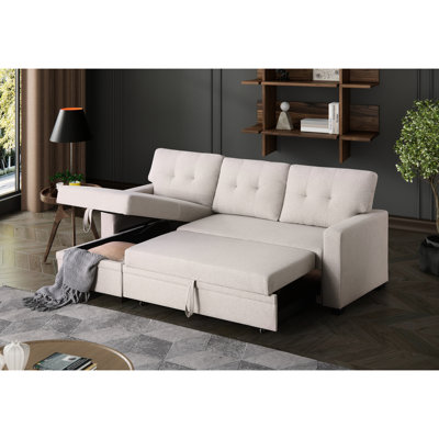 Canapé modulaire convertible rembourré avec 3 sièges, méridienne escamotable et rangement, lin beige, rembourrage en mousse, coussins de dossier amovibles, canapé-lit simple pour un séjour d'une nuit, largeur de 81,15 po, profondeur de 54,2 po