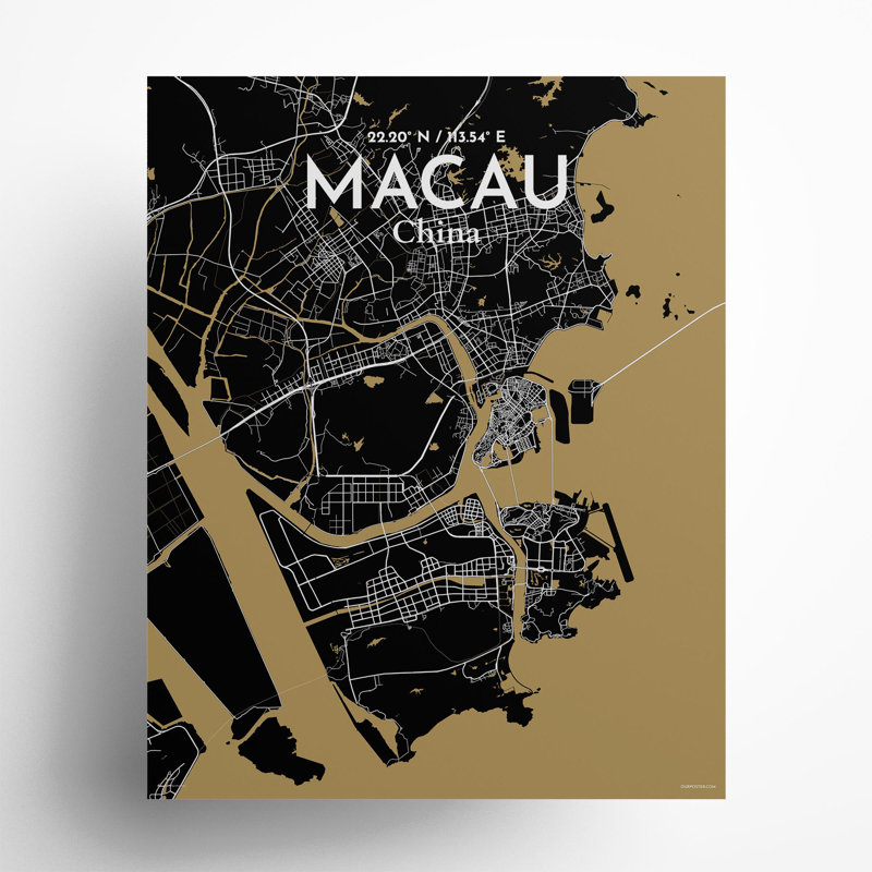 Macau, carte de la ville, impression, H 20 po x l 16 po, Noir et or