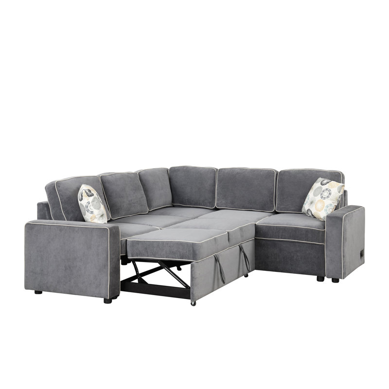 Canapé-lit convertible en forme de L avec 2 ports USB, 2 prises de courant et 3 coussins pour le salon, la chambre à coucher, le bureau et le gris