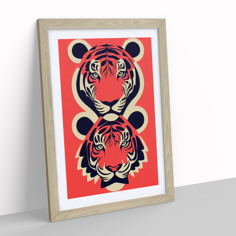 Two Tiger Heads - Wall Art, 66cm H x 48cm W, Oak Picture Frame, White