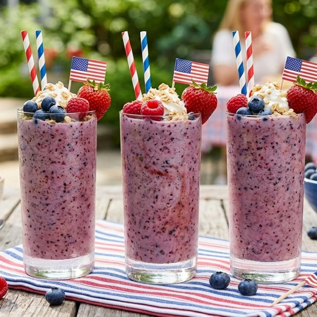 Three red, white, and blue berry smoothies.