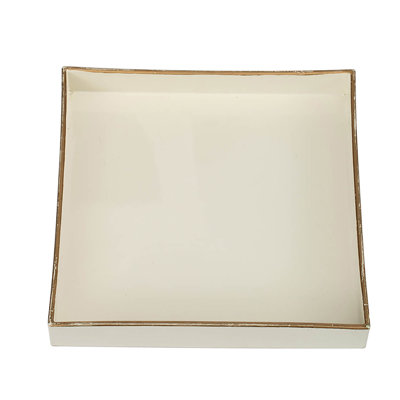 8.5” Square Plastic Tray with White Finish and Gold Trim, Transitional Accent Tray for Centerpiece, Organization, or Serving