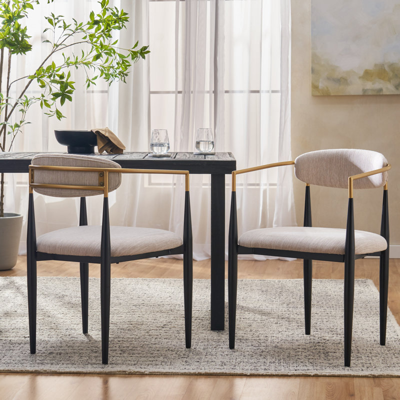 Nayalis Low Back Upholstered Dining Chairs, Beige Fabric, Black/Gold