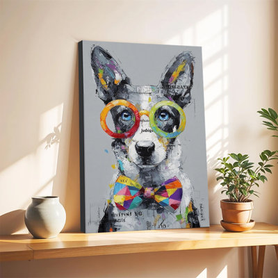 Pop Art Collage Dog With Colorful Glasses And Bow Tie Large Gallery Wrapped Canvas Wall Art Print For Living Room Bedroom