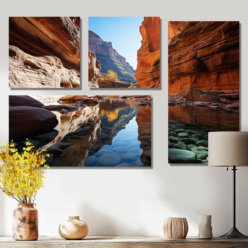 Canyon Enchantment River - Orange, ensemble de 4 reproductions d'art traditionnel sur toile, Toile tendue, Ne s’applique pas