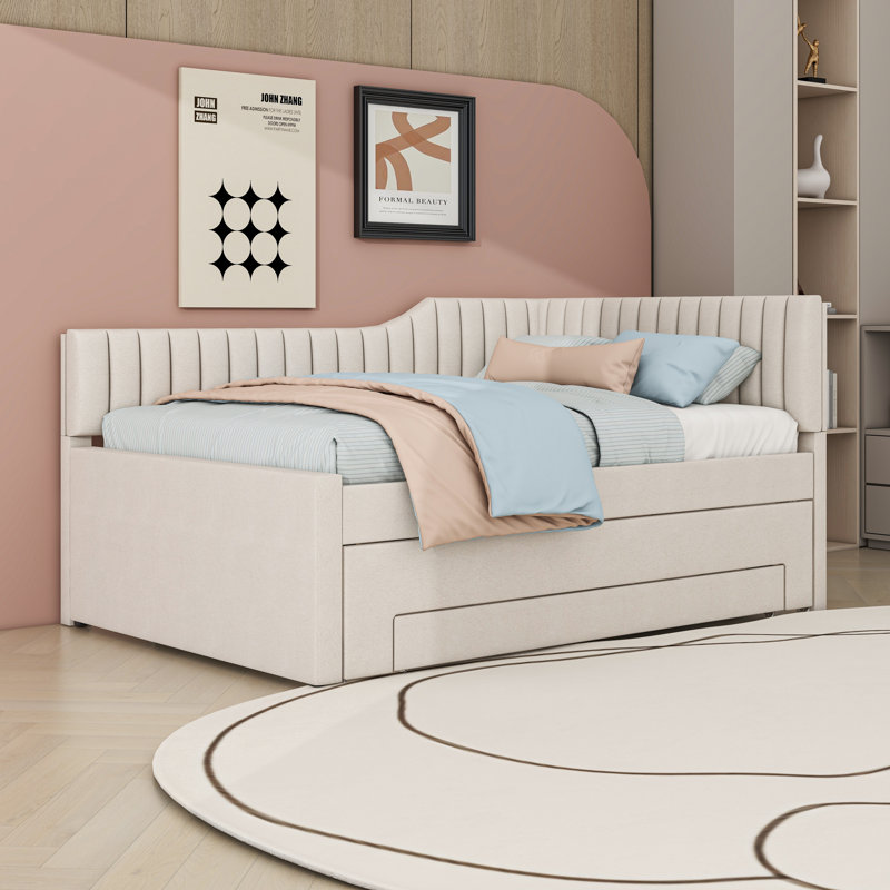Upholstered Daybed with Trundle and Drawers, Beige, Full/Double