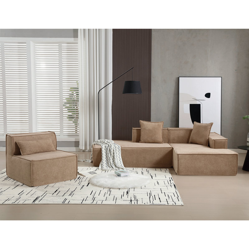 Upholstered Sectional, Right Hand Facing, Light Brown Polyester Blend
