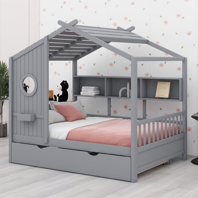 Wooden House Bed With Trundle, Modern Design For Kids With Storage Shelf, Grey