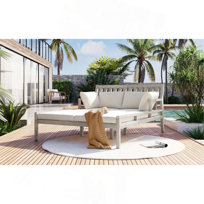Outdoor Daybed, Patio Daybed With Four Pillows, Wooden Outdoor Bed With Curved Armrests For Poolside, Backyard, Garden (Gray+Beige Cushion)