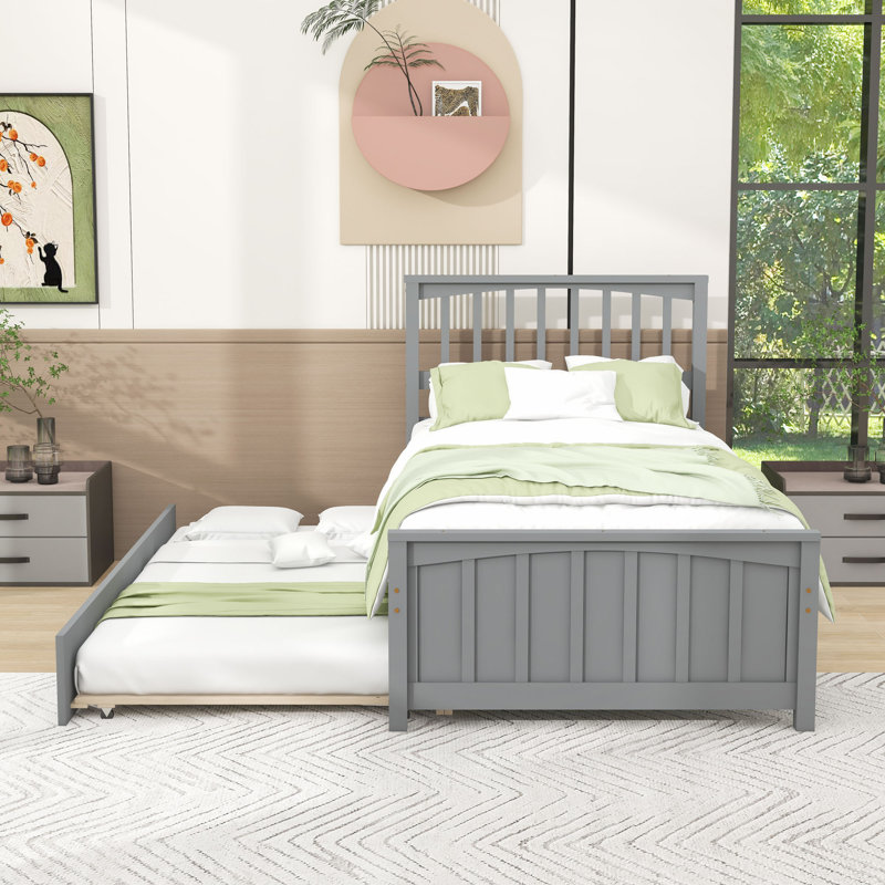 Lit plateforme simple en bois avec lit gigogne simple, Gris