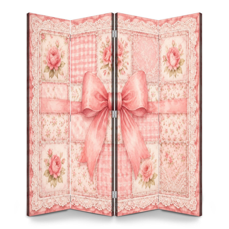 Cloison pliante 4 panneaux à paravent à motif d'aquarelle rose et floral, H 71 po x l 64 po x P 1 po, 4