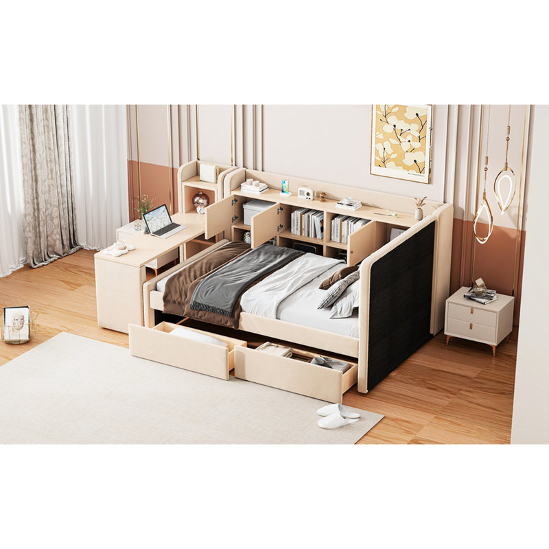 Beige Upholstered Twin Size Daybed With Under - Bed Drawers, Shelves, Flip Top Cabinets And Side Table All In One For Small Apartments, Versatile Storage Ideal Space Saving Design