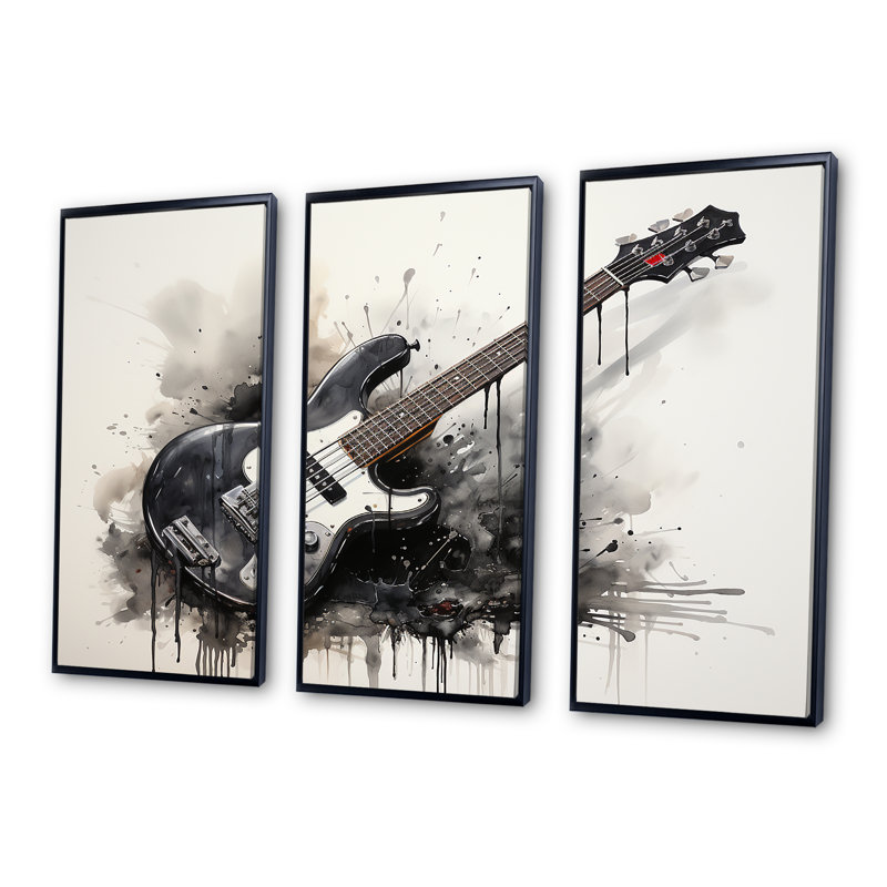 «Brown Charcoal Guitare Vibations II», art mural musique, H 28 po x l 36 po, Cadre flottant noir