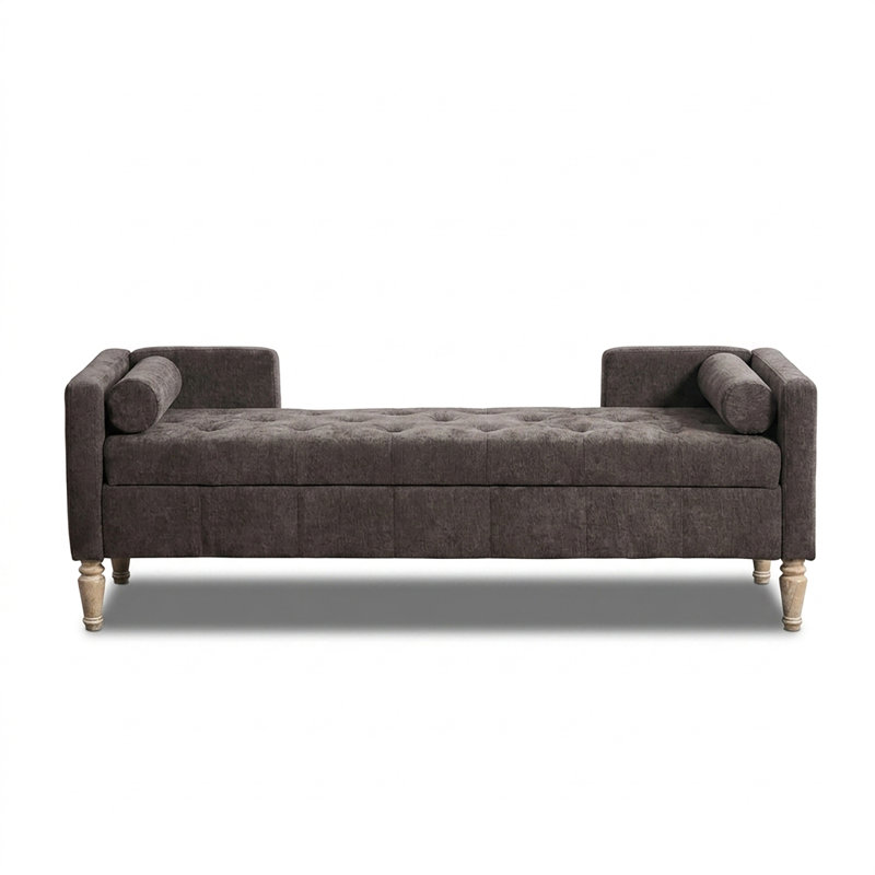 Banc de rangement avec revêtement en chenille, structure et pieds en bois massif, banc avec repose-pieds relevable avec coussin décoratif pour chambre à coucher, vestibule et siège de fenêtre