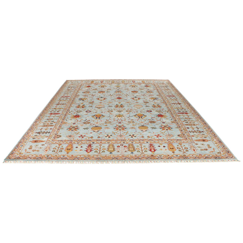 Tapis tribal turc bleu et multicolore 9 x 12