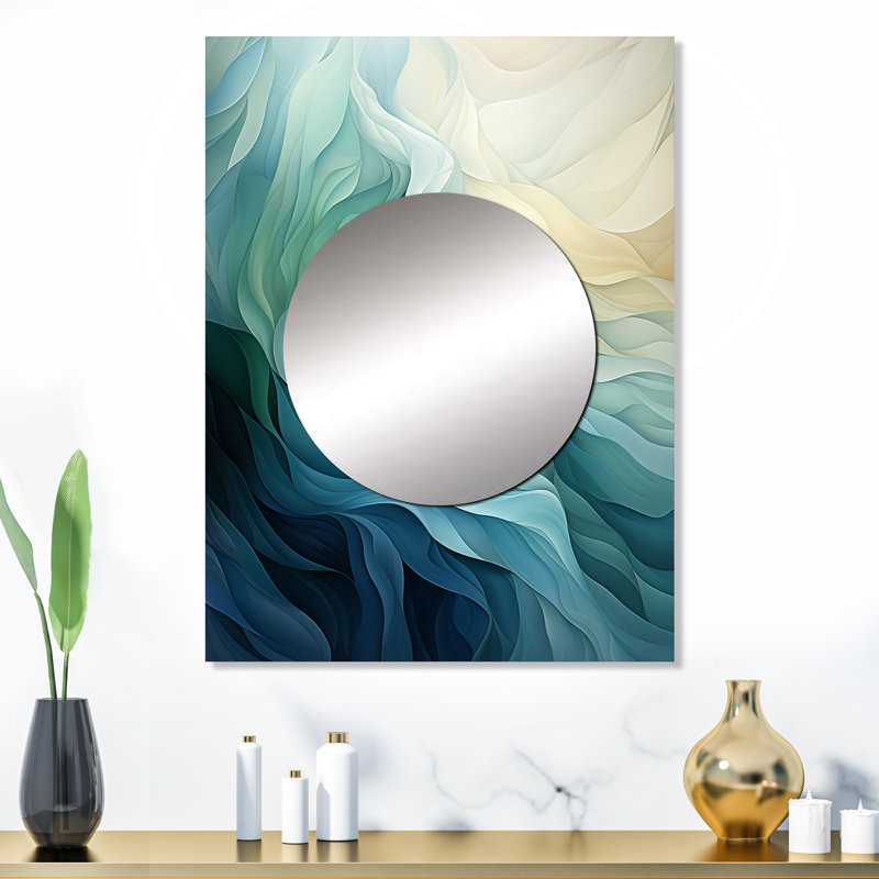 Piane Gree and white Sway wave Serenity IV - Geometric Large Wall Mirror, Green Unique Mirror, Printed Metal Art, 32" x 24"