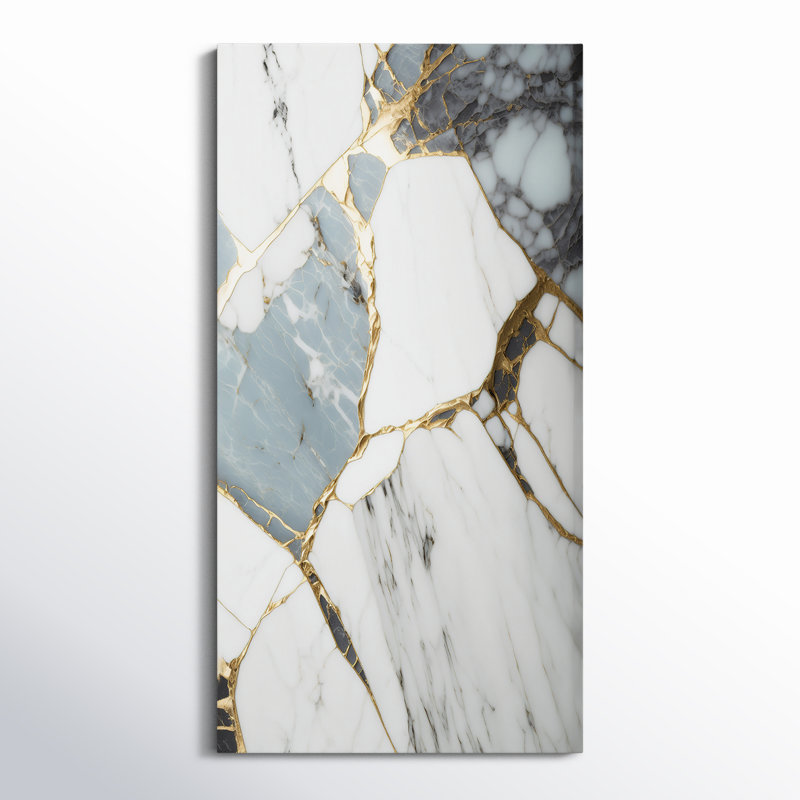Décoration murale abstraite géométrique en marbre doré et blanc I - marbre abstrait, H 32 po x l 16 po