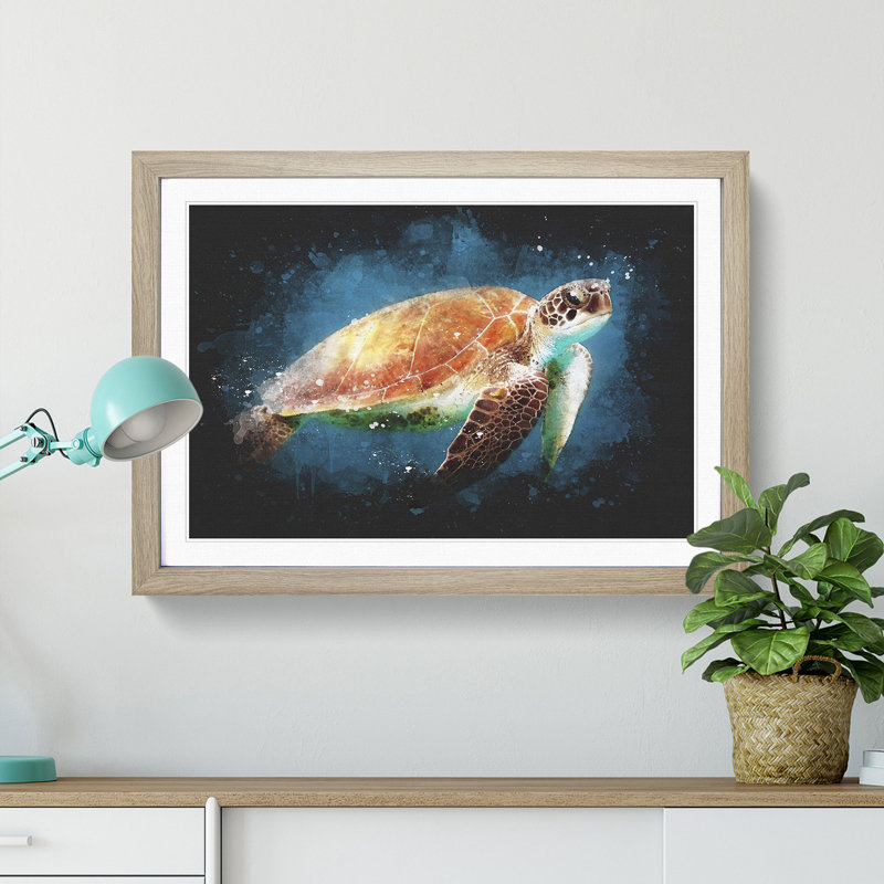 Sea Turtle In The Blue Ocean - Picture Frame Graphic Art, 45cm H x 63cm W x 2cm D, Oak Framed
