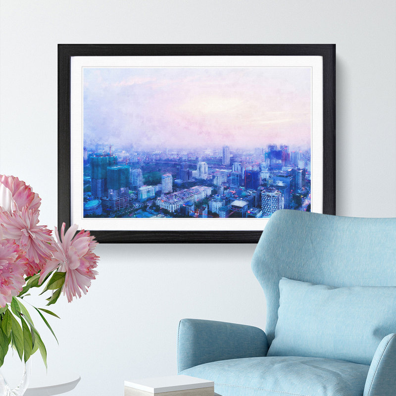 The Hanoi Skyline In Vietnam - Single Picture Frame Painting on MDF, 62cm H x 87cm W x 2cm D, Black Framed