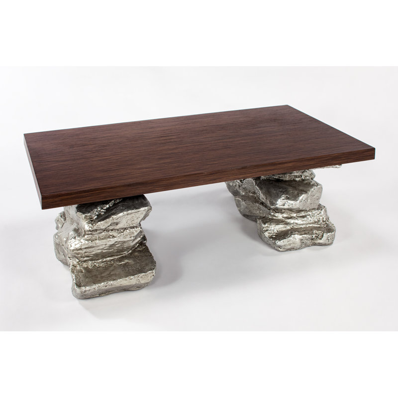 Rectangular Wood and Glass Coffee Table with Distressed Silver Base