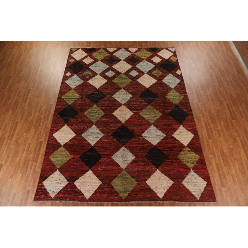 Tapis rouge en laine noué à la main de conception unique 10 pi 4 po x 14 pi 7 po New Age