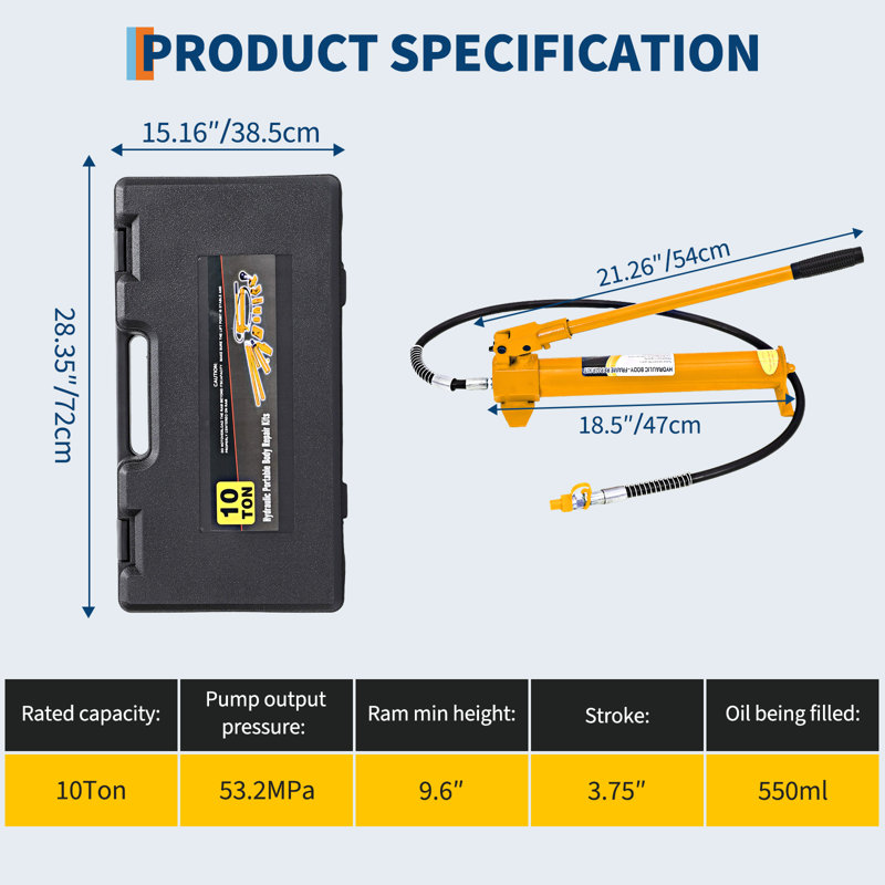 4/10/20 Ton Hydraulic Porta Power Kit, Heavy Duty Steel Auto Body Frame Repair Tool Set with Pump, Ram & Carry Case
