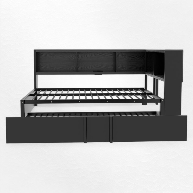 L- Shaped Metal Daybed with 5 Built-in Storage Cabinets, 2 Standard Plug Outlets and 2 USB ports, Pull out Trundle Bed Included