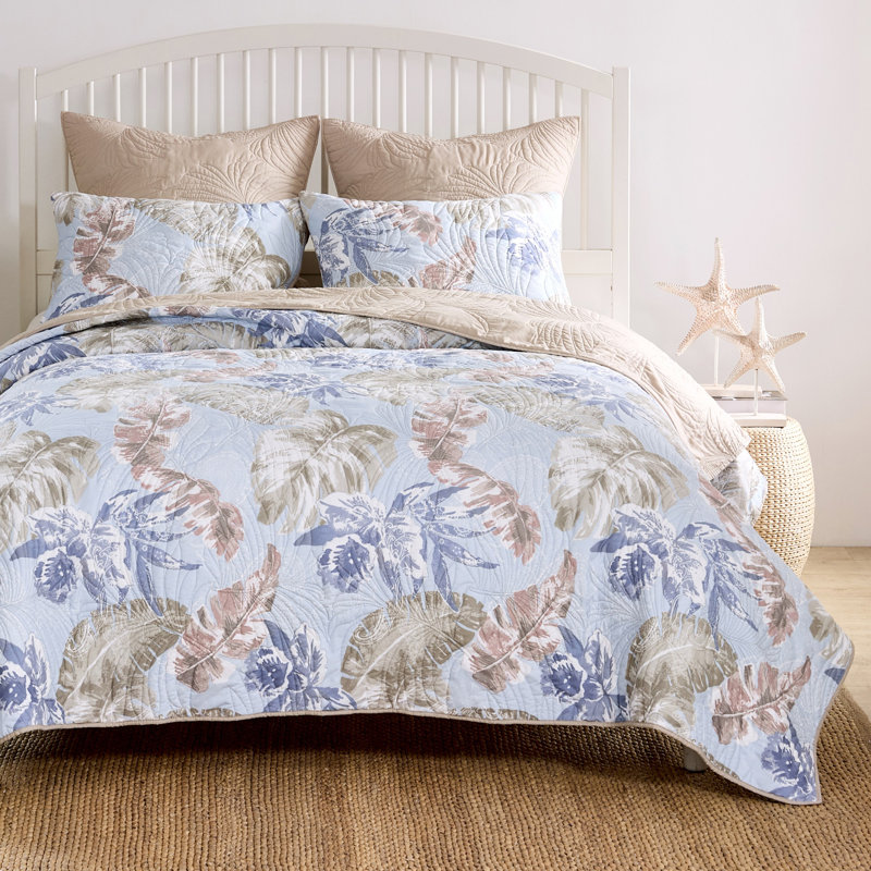 Mist Blue and Khaki Reversible Microfiber Full Quilt Set