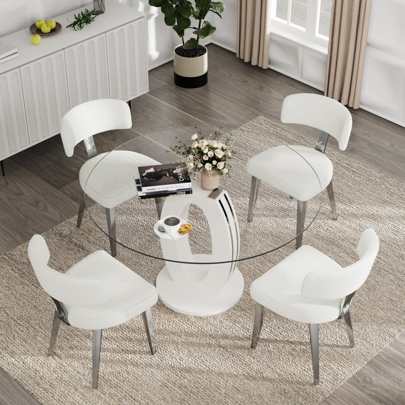 Ensemble de salle à manger à piédestal, table de salle à manger ronde 47 po et chaises Teddy, 5, Blanc / blanc, Blanc