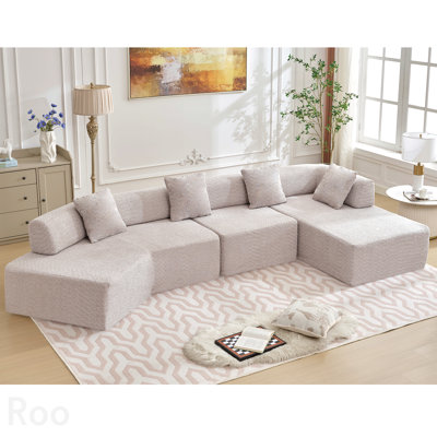 Modern Minimalist 140" L-Shape Couch ,No Assembly Required,Boucle,Modular Sofa ,Couch With Chaise,Free Combination Foam-Filled Sofa, 4 Seats, Gray