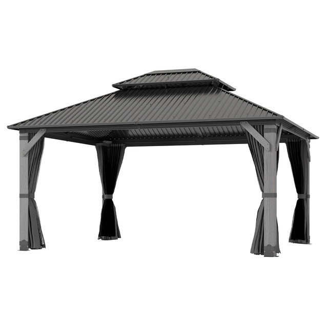 12 ft. W x 14 ft. D Outdoor Wood Gazebo, Hardtop Gazebo Permanent Cedar Wooden Gazebo with Galvanized Steel Double Roof