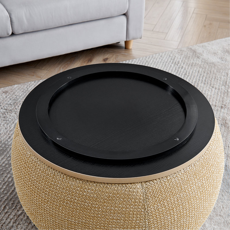 Round Storage Ottoman, Woven Rattan Fabric Ottoman, 2 In 1 Function, Work As End Table And Ottoman, With Small Seat
