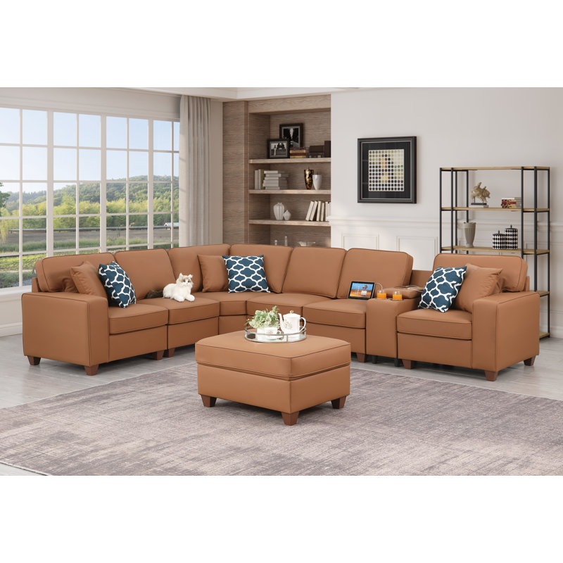 Canapé modulaire à accoudoirs carrés 125,25 po, Similicuir brun