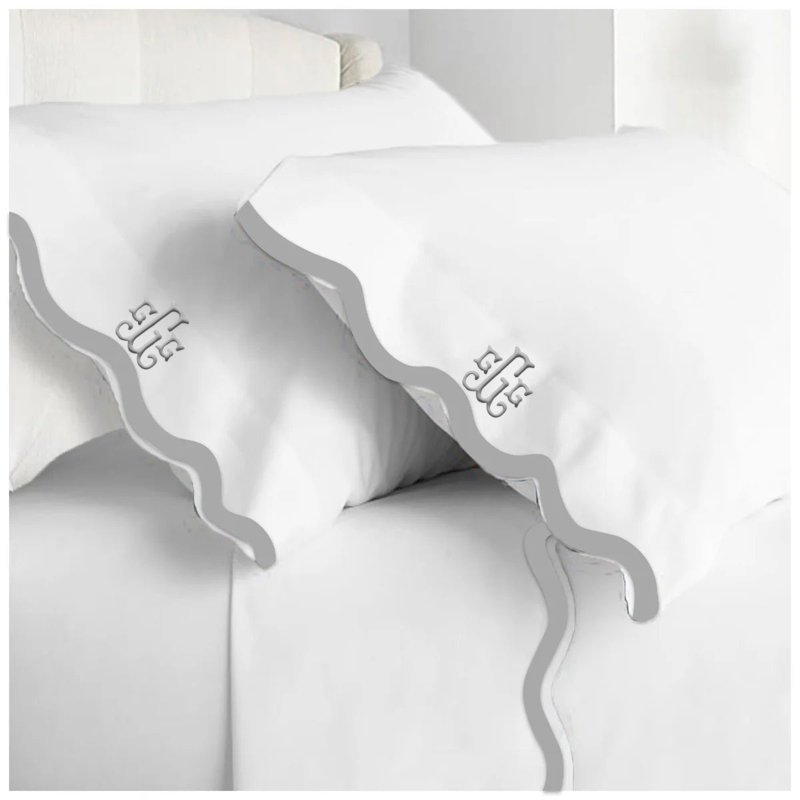 Monogram 400TC Applique Scallop Embroidery Cotton Sheet Set, Twin Extra Long Sheet Set with 1 Pillowcase, Yes, Light Gray