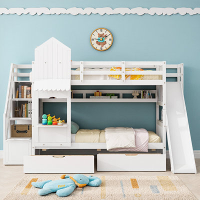 Full-Over-Full Castle Bunk Bed with Slide, Toy Storage & Playhouse Fun! Built-in Drawers & Shelves for Kids.
