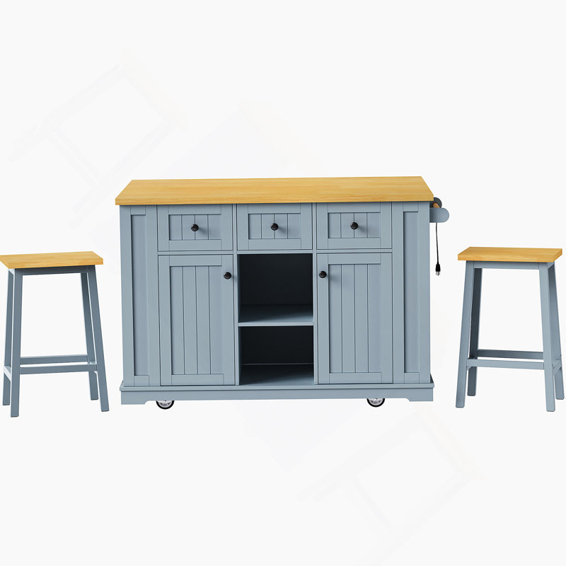 53Inch Large Kitchen Island With 2 Bar Stools, Power Outlet,Door Internal Storage Rack,Kitchen Storage Cart On 5 Wheels With Drop Leaf,5 Open Side Racks,3 Drawers For Kitchen,Dining Room,Grey Blue