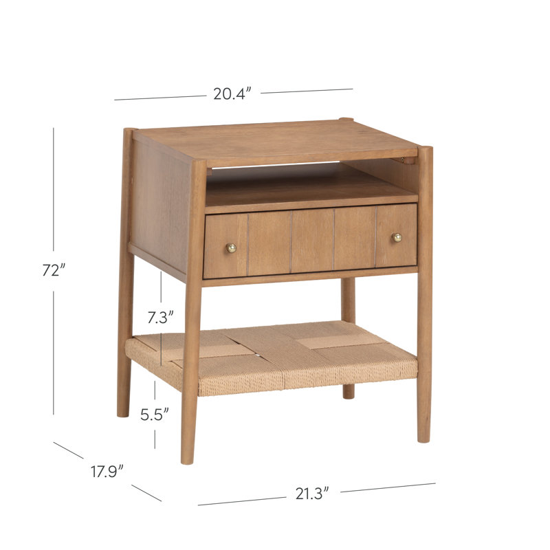 Table de chevet en bois Defreitas avec tiroir et tablette inférieure en jonc de mer, Marron clair