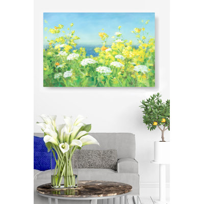 Fleurs à l'heure d'or, jaune, vert, bleu, cyan, plage, vue sur l'océan, blanc, aéré, lumineux