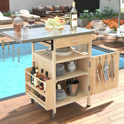 Durable Outdoor Grill Cart With Stainless Steel Top, Solid Wood Storage, And Lockable Wheels For Versatile Garden Use
