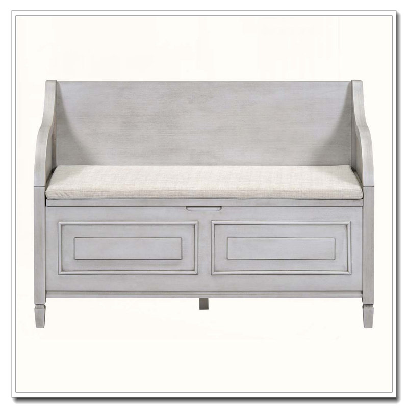 Rustic Solid Wood Entryway Storage Bench with Safety Hinge and Removable Cushion, Gray Washed