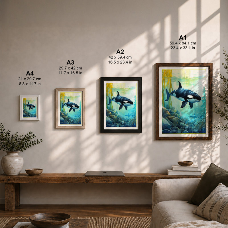 Orca in Ocean Depths Coastal 1 Piece Single Picture Frame Wall Art, A1 - 84.1 x 59.4 cm, Oak