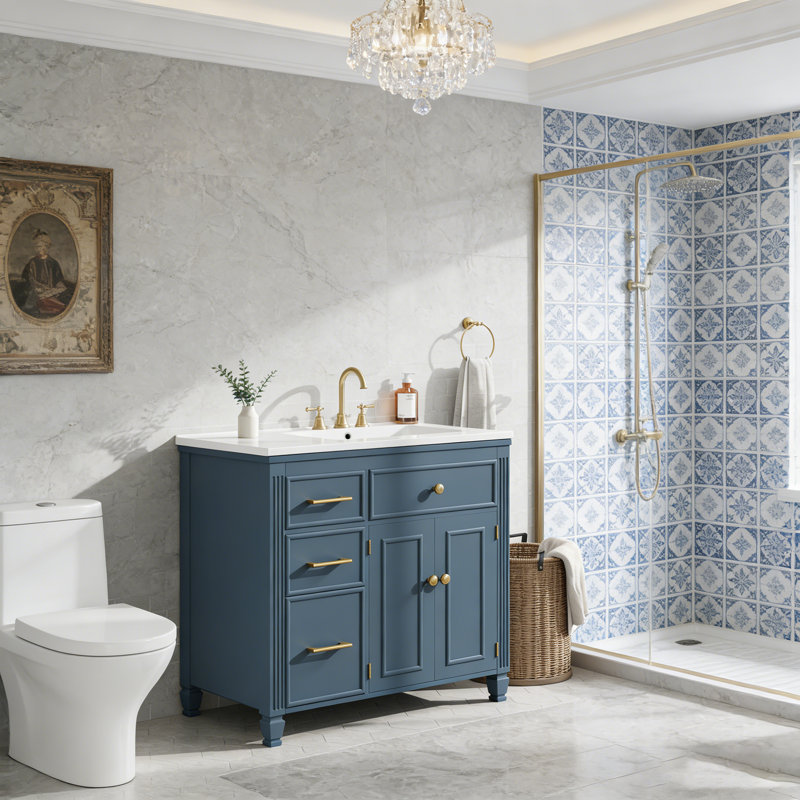 Meuble-lavabo 36 po avec lavabo en céramique, un tiroir basculant, 3 tiroirs latéraux, tablette réglable, style autoportant